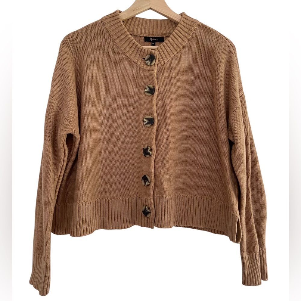 Quince Organic Cotton Cropped Cardigan Sweater Camel Brown Faux Horn Button Sz M - Picture 5 of 16